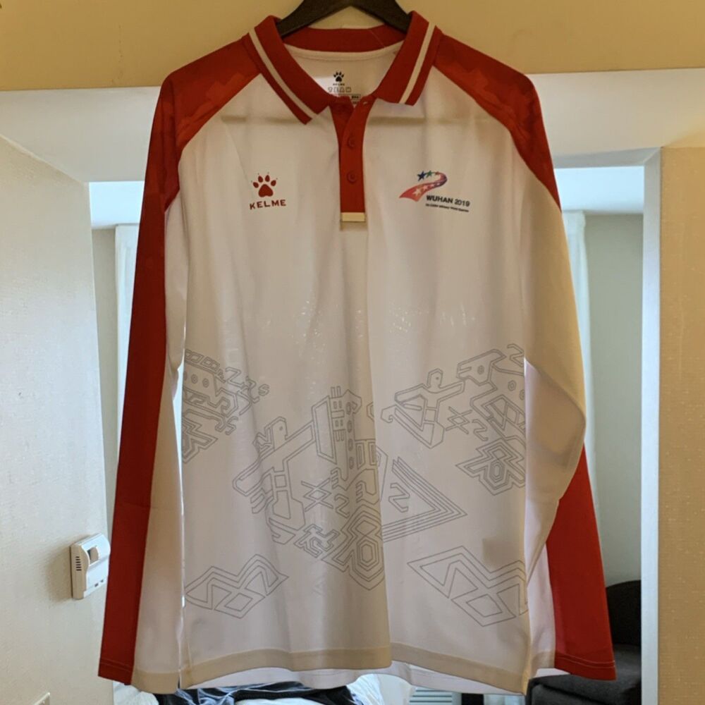 Kelme Wuhan 2019 Military World Games Long Sleeve Polo  2XL White Red Polyester